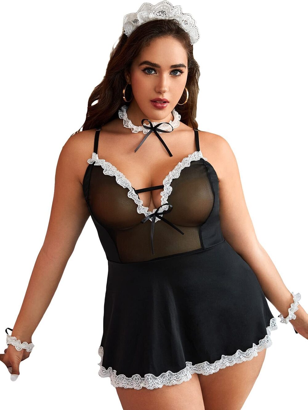 5167 Plus Size Maid Outfit Costume Lace Trim Lingerie Dress 6 Piece Cosplay